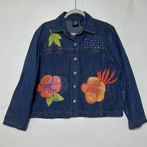 Lighthouse Apparel Denim Jacket Womens M Blue Floral Hibiscus Sequin Art To Wear